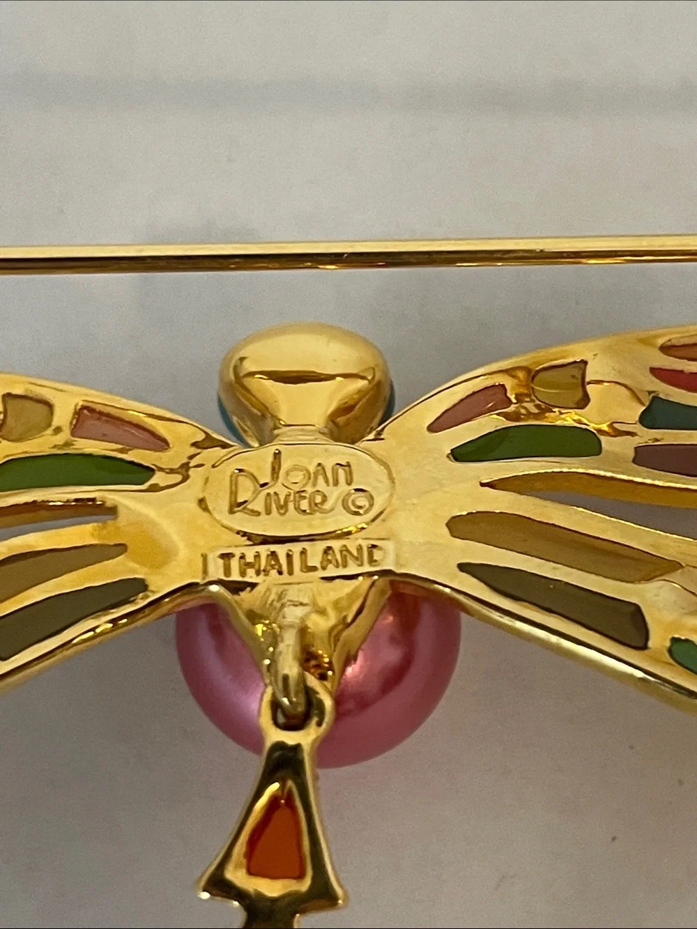 Vintage Joan Rivers Dragonfly Brooch Stained Glass Cabochons Enamel Rhinestones